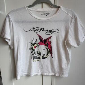 Ed Hardy Skull Bird Graphic Crop Tee Womens M White Y2K Tattoo T-Shirt Baby Tee